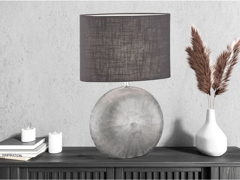 Thumbnail - LED Tischlampe mit Keramikfuß Silber & Lampenschirm Leinen Anthrazit, 53cm groß