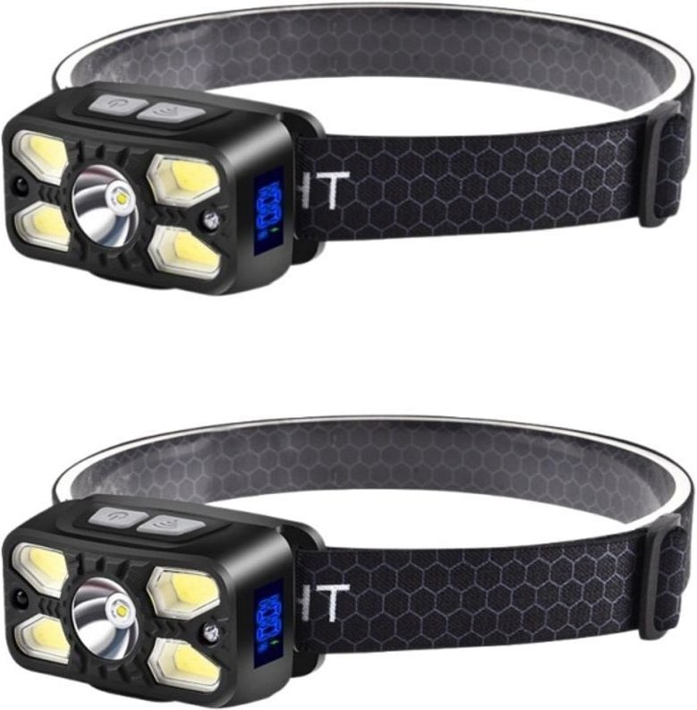 Set mit 2 extrem leistungsstarken 2500 lm LED-Stirnlampen, USB-C-aufladbar mit Ladeanzeige, 7 Leuchtmodi, 45° verstellba...