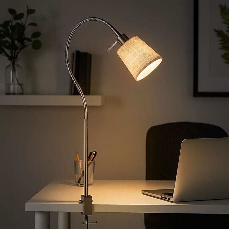 Klemmleuchte Flexo Klemmlampe nickel sandfarben Tischleuchte Klemme Retro, Textil Metall, E14 Fassung, LxBxH 45x11x60 cm