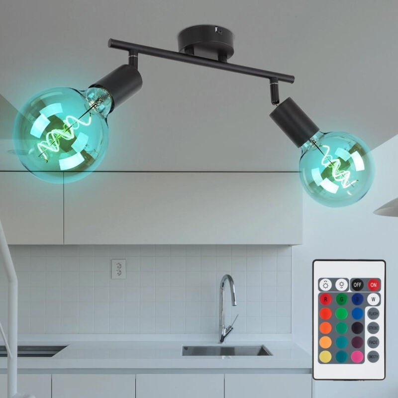 Thumbnail - Deckenleuchte 2-Flammig Spotleuchte schwenkbar Deckenlampe Spotlampe schwarz, Metall, Fernbedienung dimmbar, 2x rgb led ...