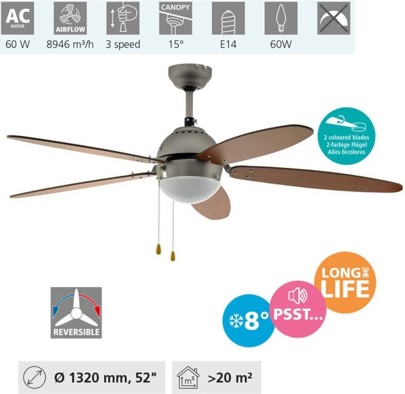 Deckenventilator Susale, 5 Flügel Ventilator mit Zugkette, Beleuchtung und Sommer Winter Betrieb, Wendeflügel aus mdf in...
