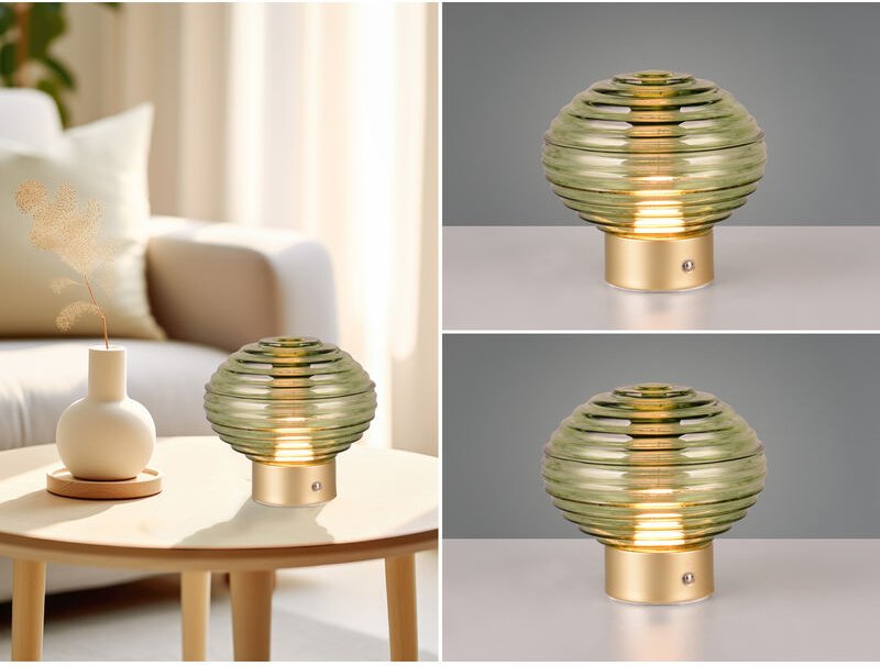 Meinewunschleuchte - 2er set Retro Akku Tischleuchten mit Glas Lampenschirm Grün, Höhe 14cm