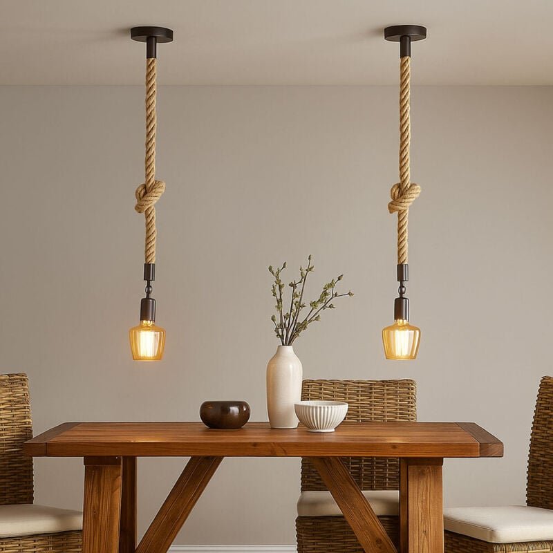 Fischer Leuchten - Pendellampe schwarz Wohnzimmerleuchte Maritim Esstisch Hängelampe, Hanfseil Modern, Metall matt rund,...