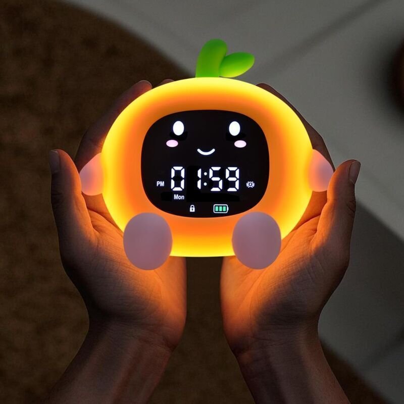 Oranger Wecker, fruchtiges Nachtlicht, multifunktional, LED, berührungsempfindlich, Silikon, mit Timer, sanftem Nachtlic...