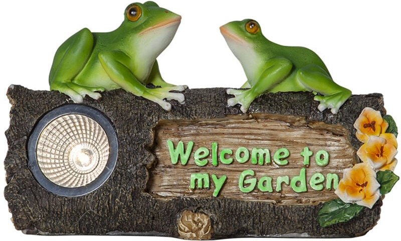 Solar-Dekoleuchte ,Frogy', Gartenschild mit Fröschen, Dämmerungssensor, bunt, warmweiß, 24x14cm