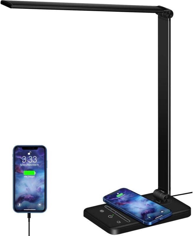 Schreibtischlampe mit kabellosem Ladegerät – dimmbar, 5 Farbmodi, 6 Helligkeitsstufen, Touch-Steuerung, USB-Anschluss, T...