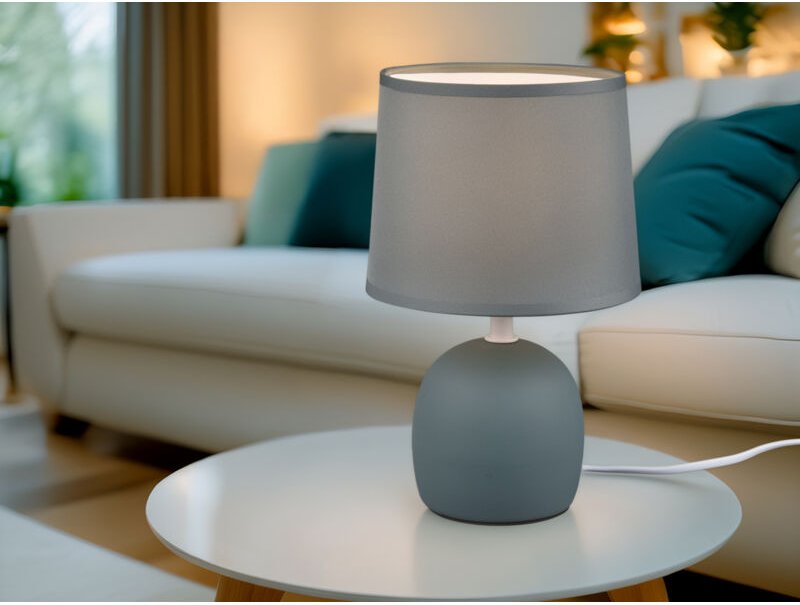 Defibrico - Kleine Tischlampe malu mit Keramikfuß & Stoffschirm Blau Grau, Höhe 26cm