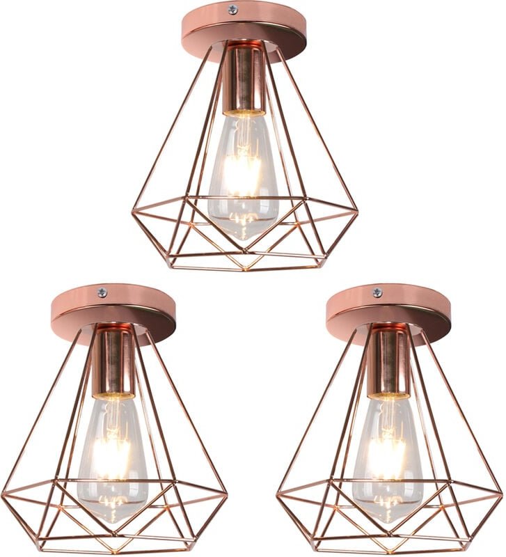 3er Deckenleuchte Vintage Industri Diamant Deckenlampe mit Ø20cm Käfig Semi-Flush Mount Eisen Licht E27 Lampenfassung fü...