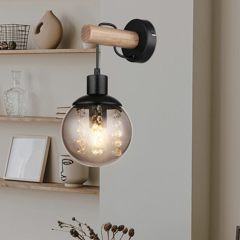 Wandlampe hängend Wandleuchte Flurlampe Holzleuchte, Glaskugel rauch Kristalle Metall schwarz, 1x E27, BxH 15 x 30 cm
