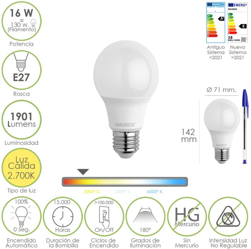 Thumbnail - Maurer - Bombilla Led Estandar Rosca E27. 16 Watt. Equivale a 130 Watt. 1901 Lumenes. Luz Calida 2.700º k.