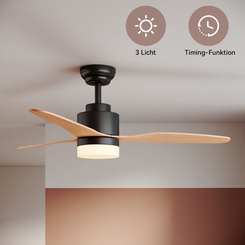 SONNI Deckenventilator mit Beleuchtung und Fernbedienung 119cm Licht LED 3 Flügel Schwarz Timer