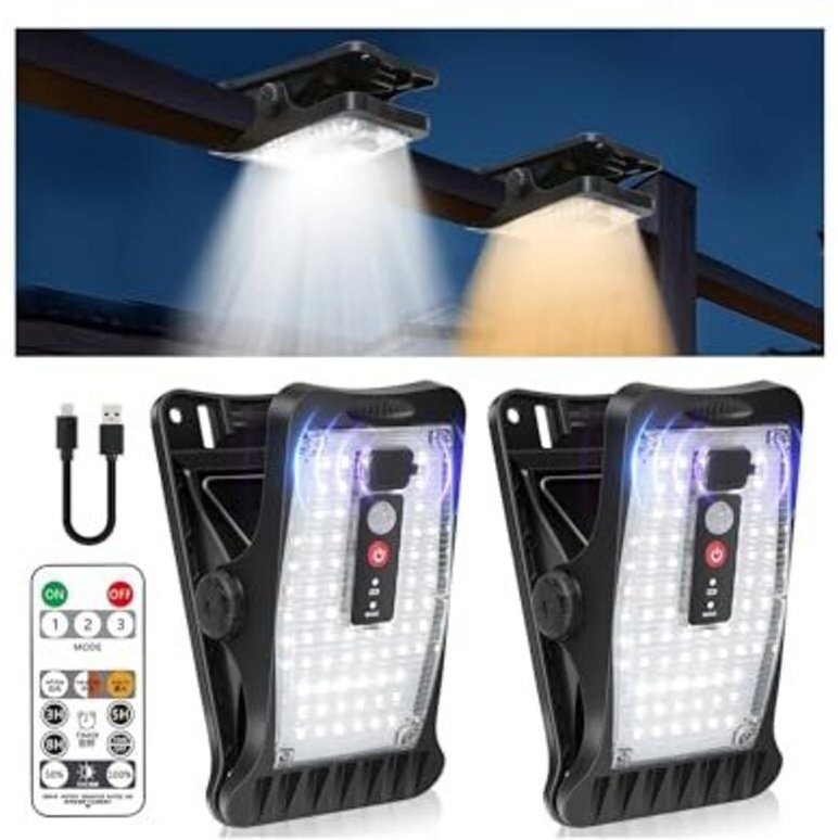 Solarlampen für Außen, 2 Stück Clip-on Solarleuchten mit Bewegungsmelder, 70 LEDs & 3 Farbtemperaturen, USB & Fernbedien...