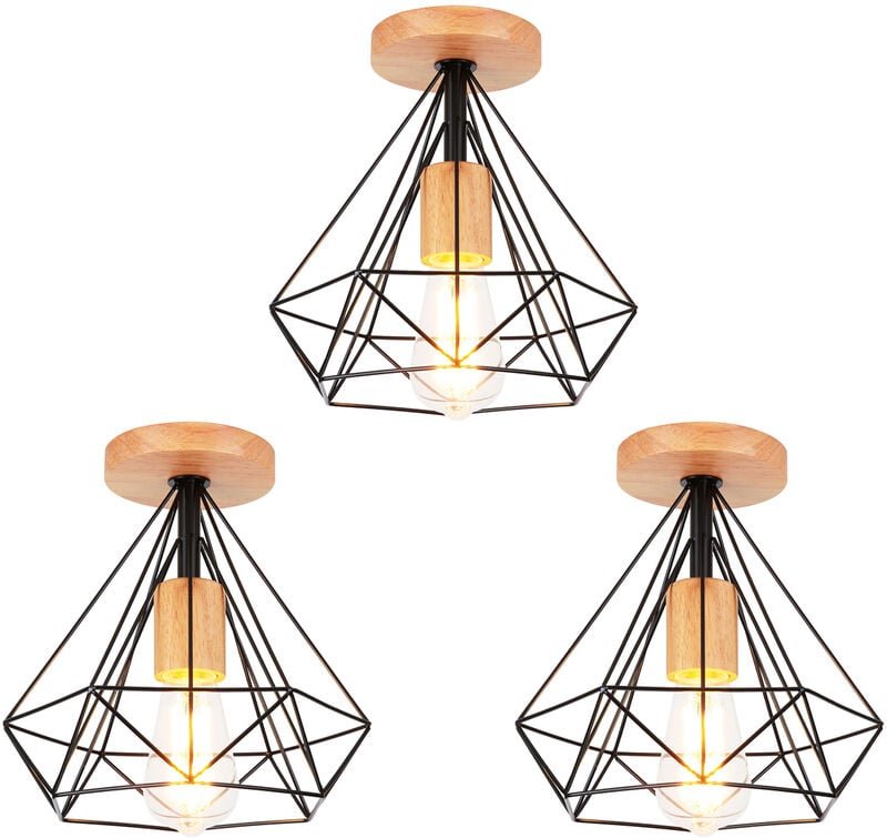 Axhup - 3x Industriell Deckenlampe in Rautenform Moderne Kronleuchter Metall Hölzern E27 Lüster für Schlafzimmer Badezim...