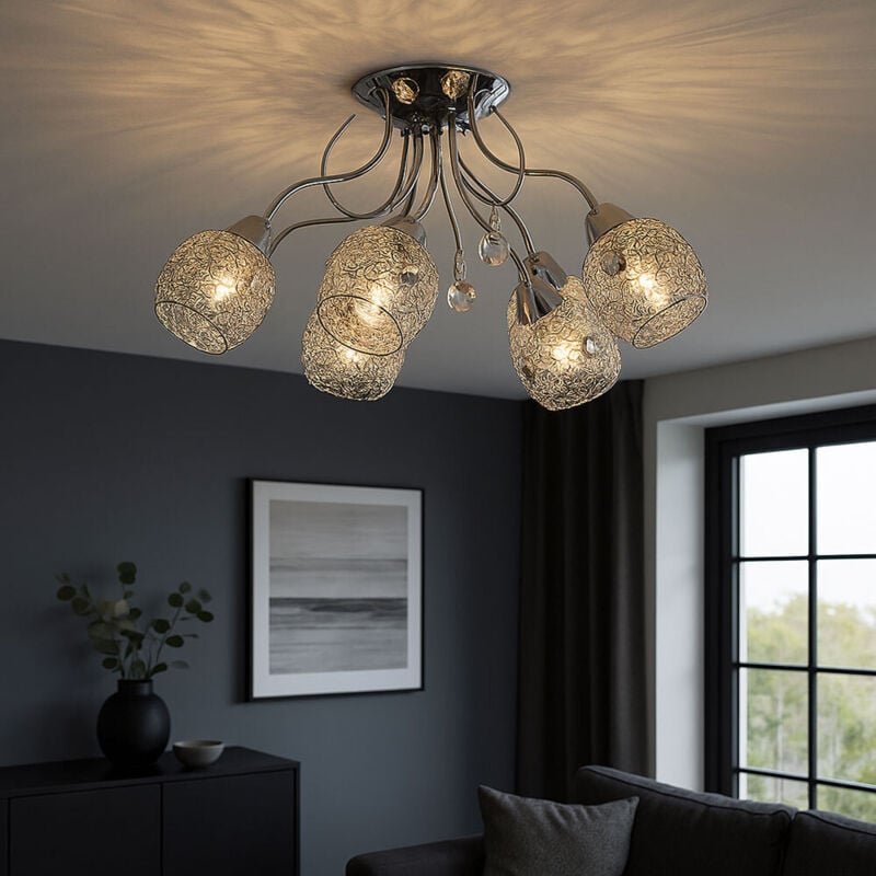 Led Deckenleuchte Chrom Kristallleuchte Spotleuchte Deckenlampe Kristalle 5 Flammig, Chromgeflecht, 5x 8W 600lm warmweiß...