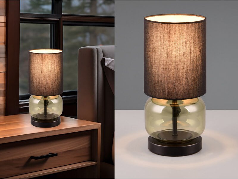 Meinewunschleuchte - led Tischleuchte mit Glasfuß Grün und Stoffschirm Schwarz, Höhe 28cm