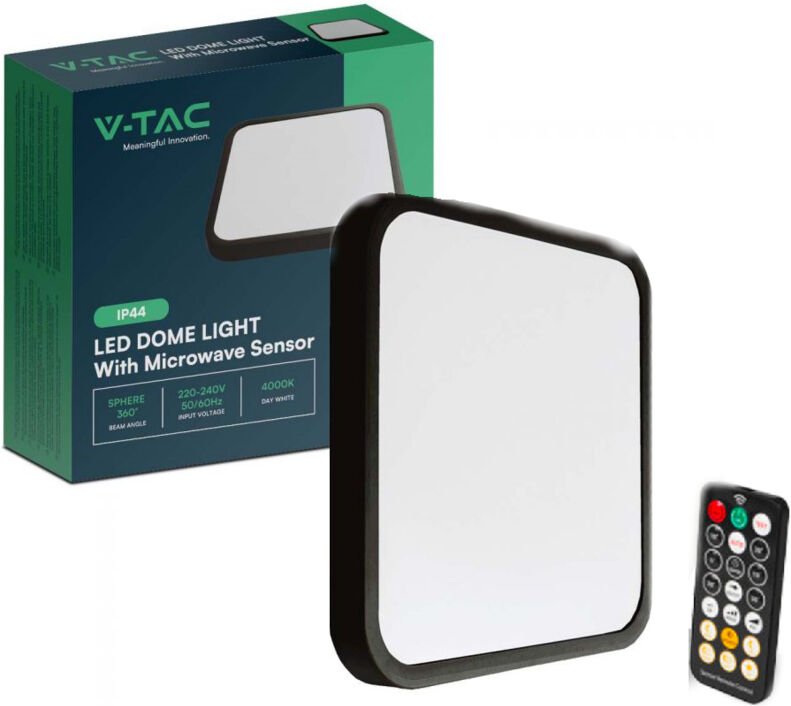 V-tac - 18W quadratische LED-Deckenleuchte, Fernbedienung und Bewegungsmelder, Schwarz, Naturweiß, IP44