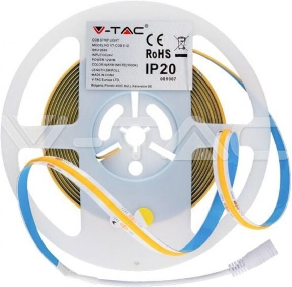 V-TAC LED-Streifen-Set 24V COB 512LEDs/m 5m Kaltweiß 6400K CRI90 IP20 + Netzteil - SKU 2681