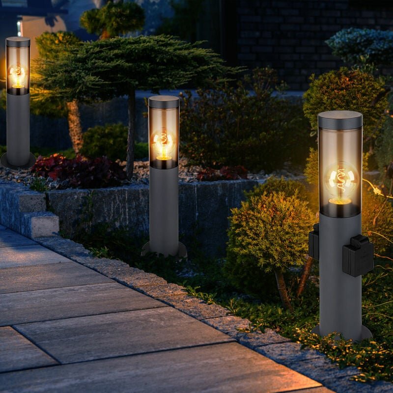 Stehleuchte mit Steckdose anthrazit Sockelleuchte Edelstahl Steckdosensäule mit Licht, rauch, 1x E27 Fassung, DxH 7,6x45...