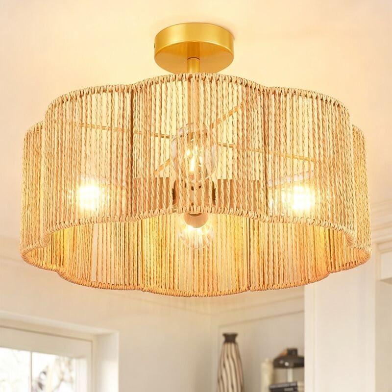 Deckenleuchte aus Rattan, Kronleuchter im Bohème-Stil, Pendelleuchte mit Glühbirne, Deckenleuchte im Wabi-Sabi-Stil, 3 F...