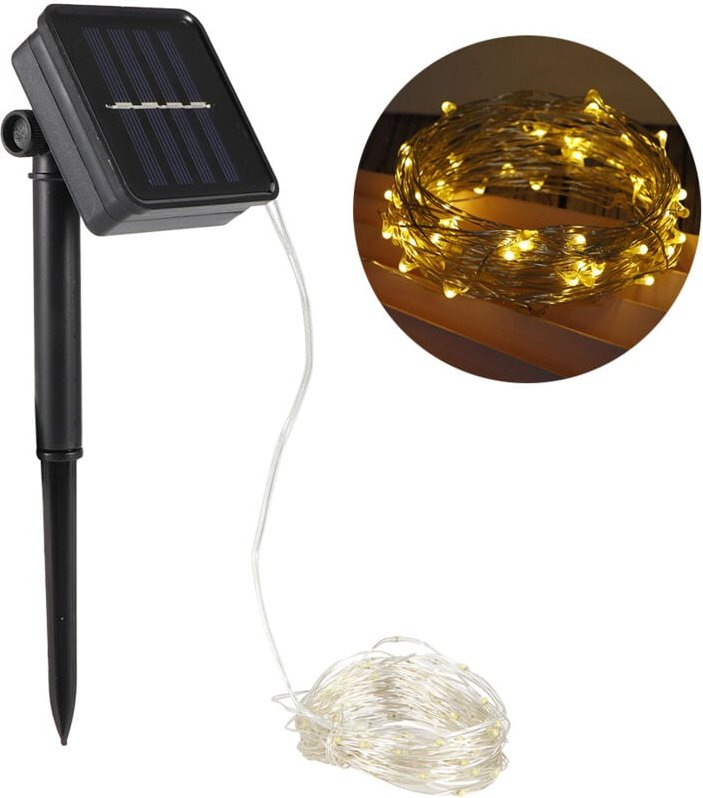 Solarbetriebene Lichterkette aus Kupferdraht, 10 m, 100 LEDs, dekorative Gartenbeleuchtung, warmweißes Licht