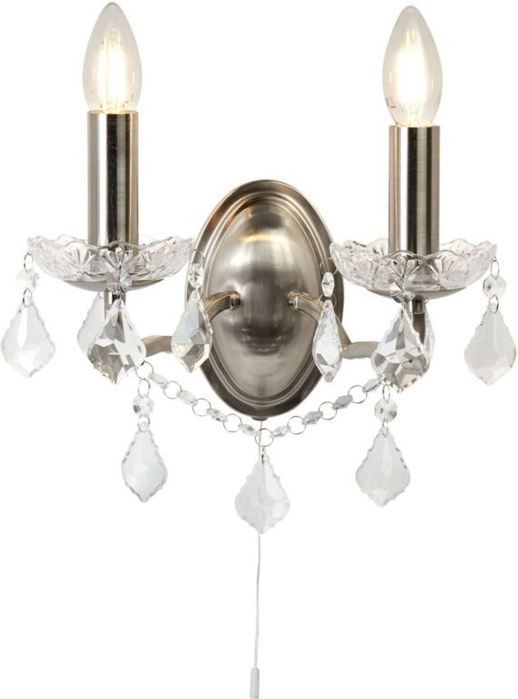 Searchlight Paris - 2 Light Indoor Candle Wandleuchte Satin Silber, klar mit Kristallglas, E14