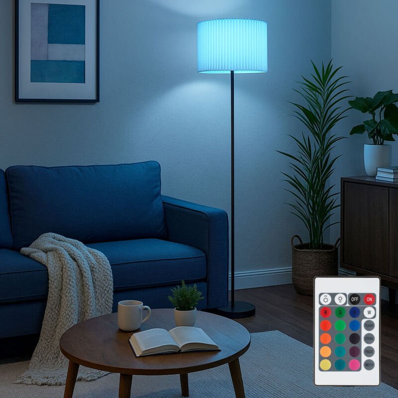 Thumbnail - Stehleuchte Textil natur Standlampe mit Fernbedienung dimmbar Wohnzimmerleuchte stehend, Metall, RGB LED 8,5W 806Lm warm...