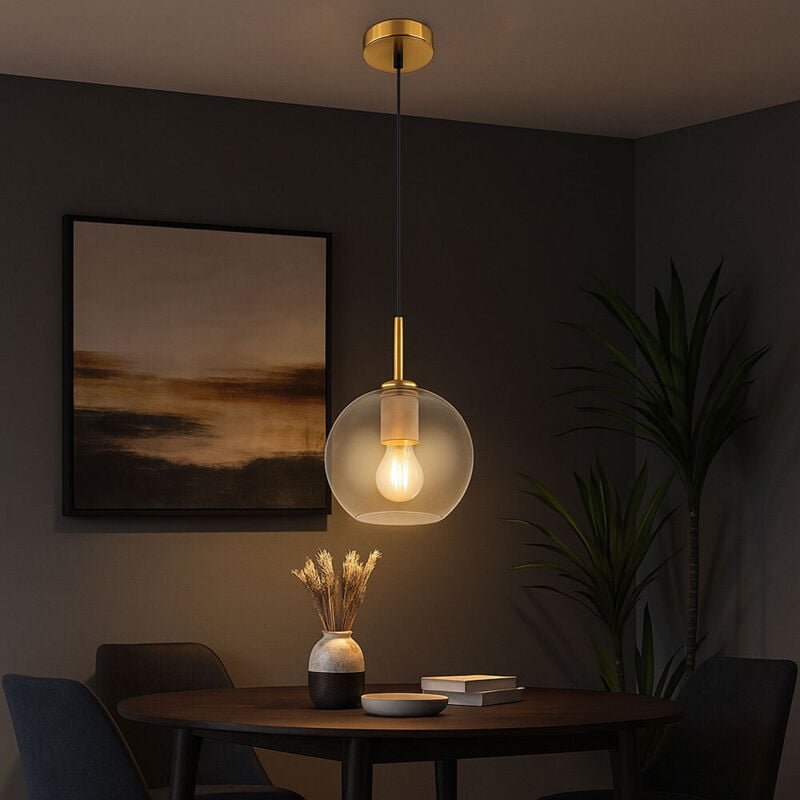 Hängeleuchte messing Retro Kugelleuchte Glas klar Esszimmerlampe hängend Kugel, Metall, 1x E27 Fassung, DxH 20x120 cm