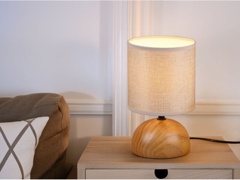 Meinewunschleuchte - Kleine led Tischleuchte Keramik in Holzoptik Stoffschirm Beige, Höhe 23cm