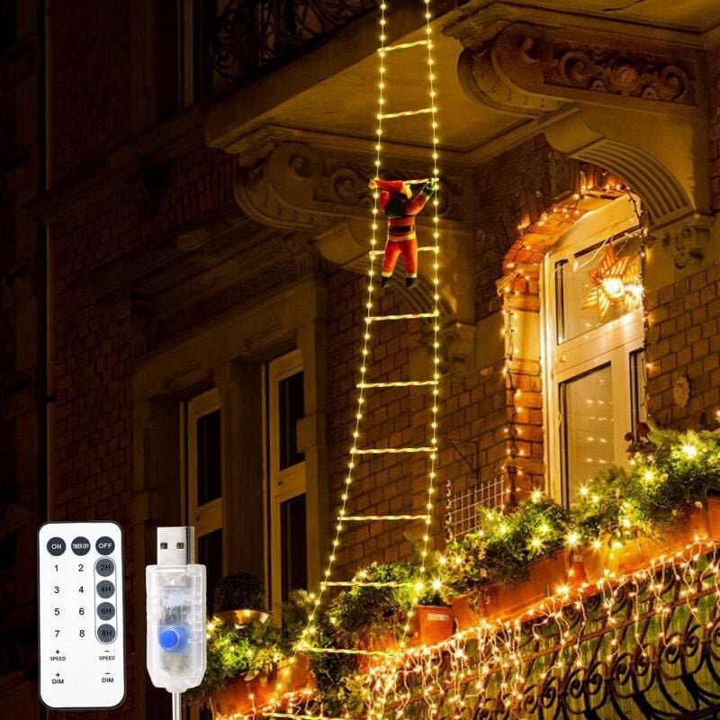 Thumbnail - m lange LED-Lichterkette mit Weihnachtsmannleiter, mit kletterndem Weihnachtsmann, 8 Modi, Timer-Speicherfunktion, wasse...