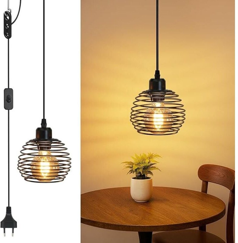 GBLY Pendelleuchte Vintage Hängelampe 1 Flammig Schwarz Industrial Mit 4.5M Kabel Stecker Und Schalter E27 Für Wohnzimme...