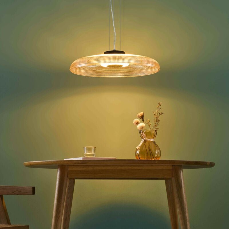 LED-Hängeleuchte strukturiertes Bernsteinglas und schwarzer Sockel - Ossara