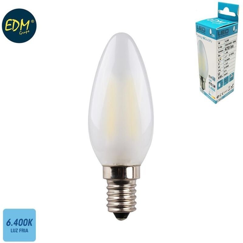 EDM - LED-Filamentkerze, mattes Glas, E14, 4,5 w, 470 lm, 6400 k, kaltes Licht, ø 3,5 x 9,8 cm