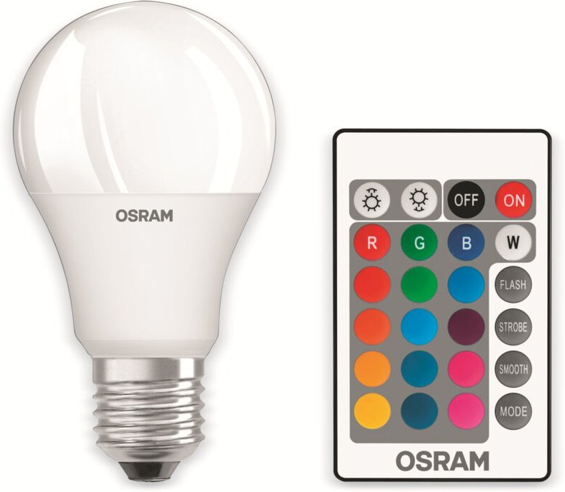 Osram - star+ rgbw led Lampe mit E27 Sockel, RGB-Farben per Fernbedienung änderbar, 9W, klassische Birnenform, Ersatz fü...