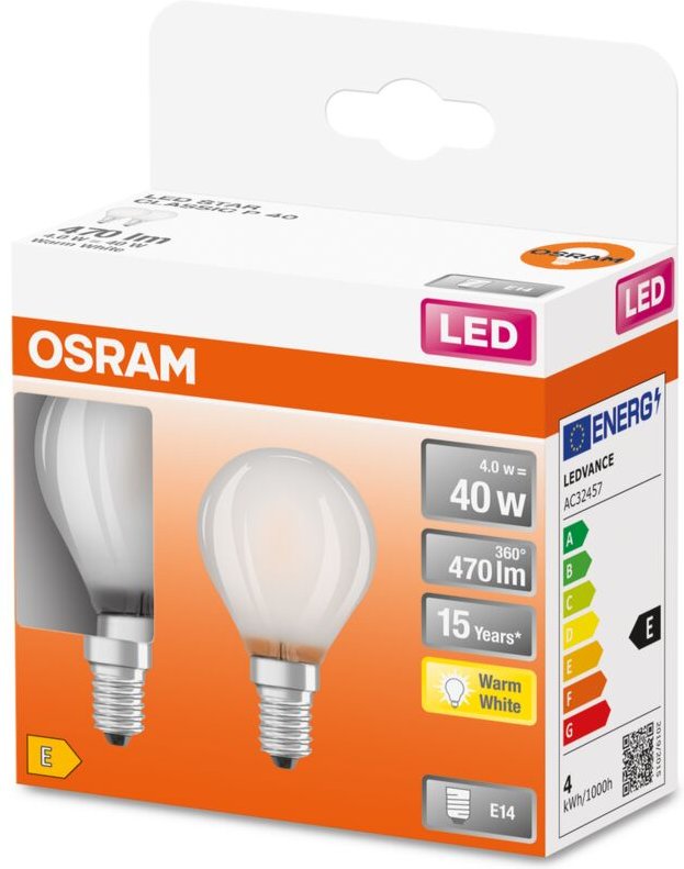 Thumbnail - OSRAM LED-Lampen, klassische Miniballform, 40 Watts Ersatz, E14, P-shape, 2700 Kelvin, Warm weiß, Klares Glas, 2-er Pack