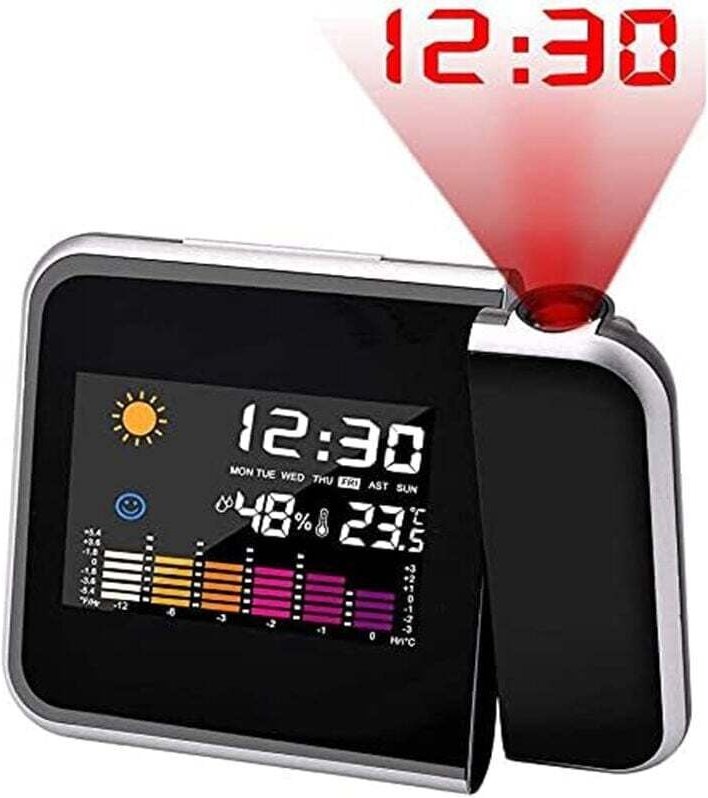 Projektionswecker, Farbbildschirmkalender, persönliche Wetterstation fürs Schlafzimmer, dimmbarer Projektor, Doppelalarm...