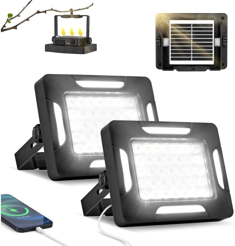 Tragbare LED-Solar-Campingleuchte mit dimmbarem Ständer, 2000 lm, wiederaufladbare Solar-Arbeitsleuchte mit Magnethalter...