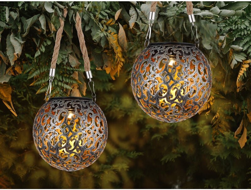 Solarlaternen 2er SET Hängeleuchten mit Seil, Solarkugeln Silber Antik Ø12cm