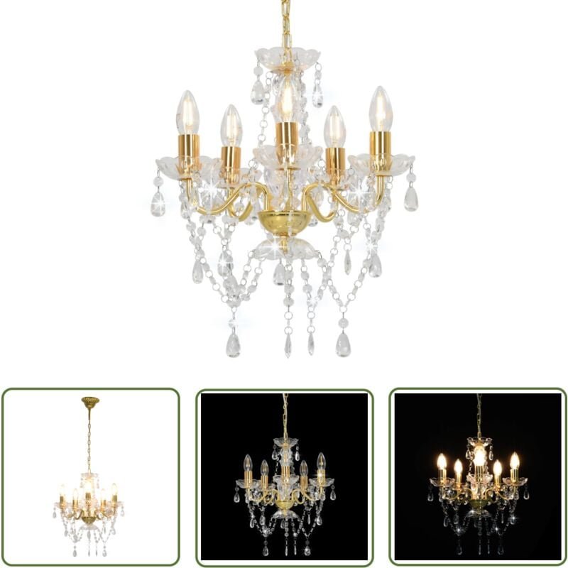 The Living Store Kronleuchter mit Perlen Golden Rund 5×E14 - Kronleuchter - Pendelleuchte - Wohnzimmer Deko - LED Lampe ...