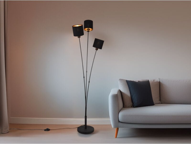 Stehleuchte tommy 3 flammig Metall, Stoffschirm Schwarz Gold, Höhe 150cm