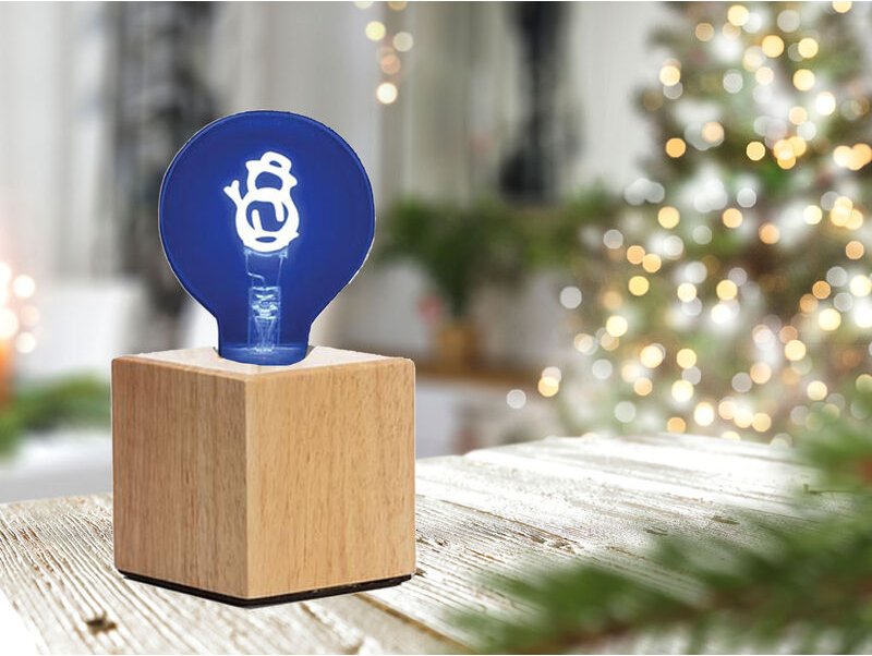Meinewunschleuchte - Tischlampe Würfel Holz Eiche mit Deko led Glühbirne Schneemann, Quadrat 9cm