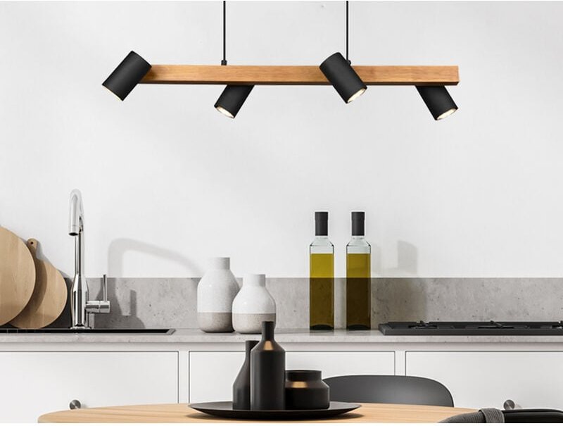 Holzbalken Pendelleuchte MARLEY 4-flammig Schwarz, Breite 80cm