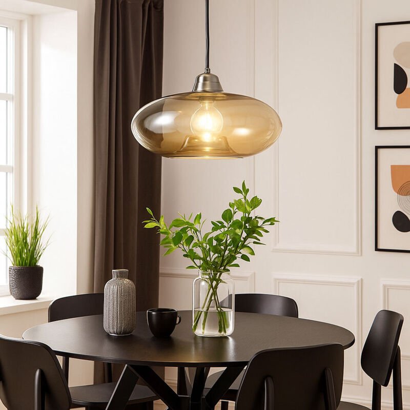 Hängeleuchte Glas amber Pendelleuchte Retro Esszimmerleuchte Höhenverstellbar, Metall, E27 Fassung, DxH 40x150 cm