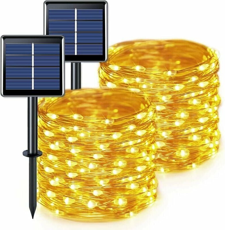 Solar-Lichterkette, 2 Stück, 200 LED-Solar-Lichterkette, wasserdicht, 20 m, Warmweiß mit 8 Modi, Solar-Kupferdraht-Licht...