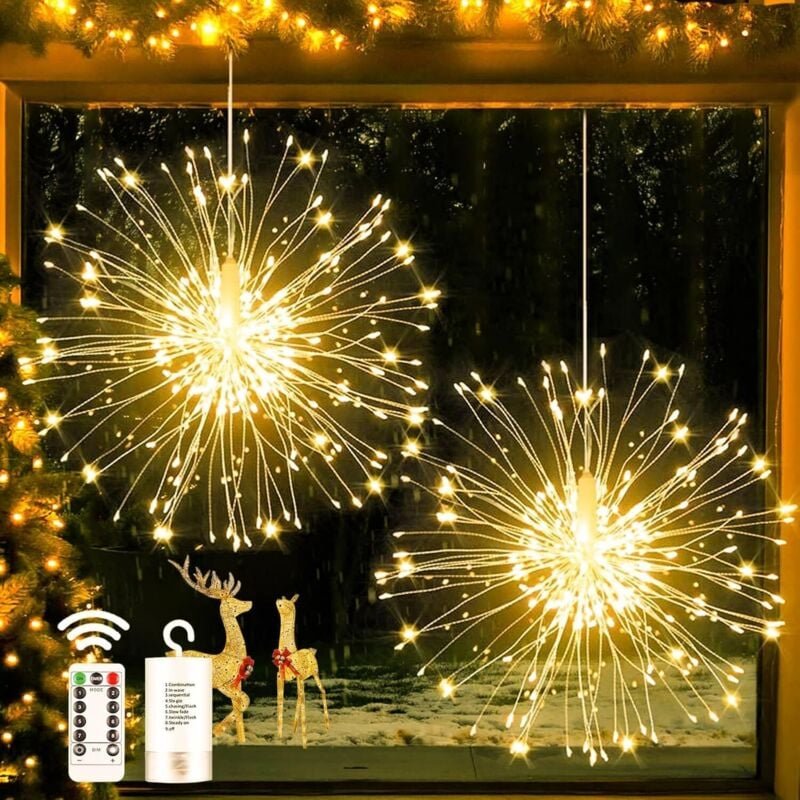 2er-Pack 180 LED-Weihnachtslichter, 8 Modi, Feuerwerk-Lichterkette mit Fernbedienung, wasserdichte Lichterkette für drin...