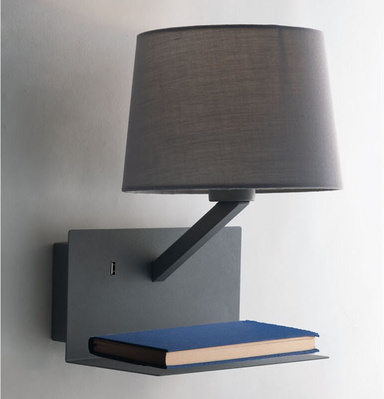 Thumbnail - Luce Ambiente Design - Wandlampe ciak Grau mit Stoff Lampenschirm, usb Lampe mit Ladefunktion & Ablage