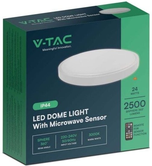 V-tac - 24 w runde LED-Deckenleuchte mit Fernbedienung, Bewegungsmelder, Mikrowelle, Kaltweiß, IP44