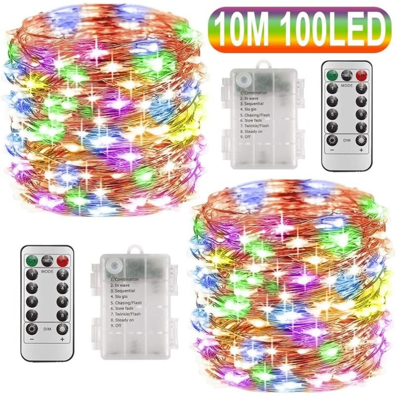 2 x 10 m LED-Lichterkette mit Batterie, 100 LEDs, Timerfunktion mit Fernbedienung, IP65 wasserdicht, Innen- und Außendek...