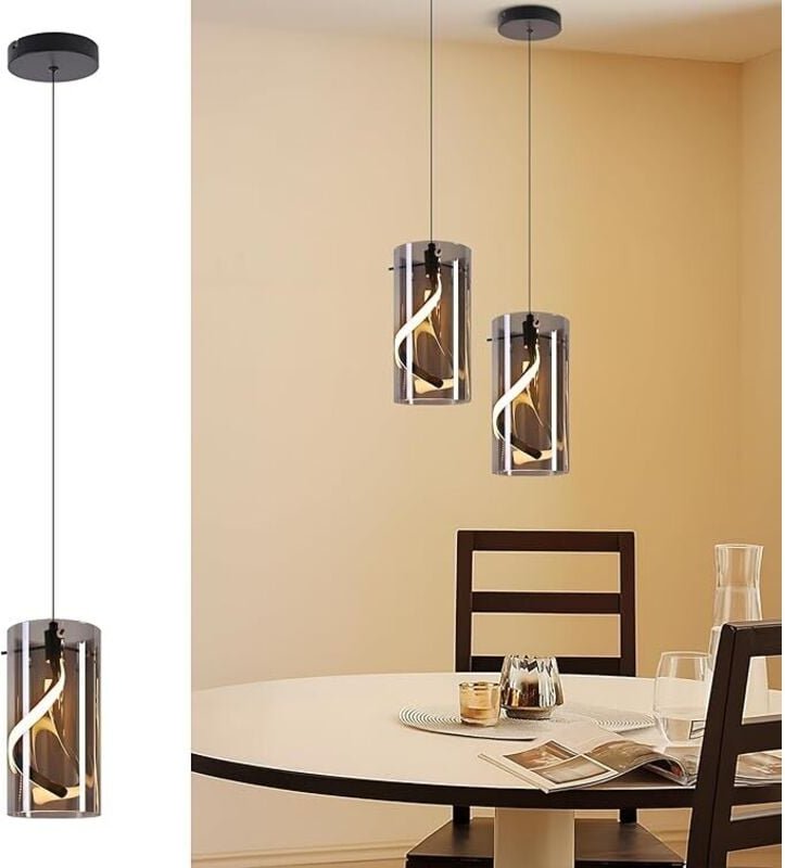 GBLY LED Pendelleuchte Vintage 1 Flammig 8W 3000K Warmweiß Glas Rauchgrau Hängeleuchte Für Esstisch Wohnzimmer Küche Flu...