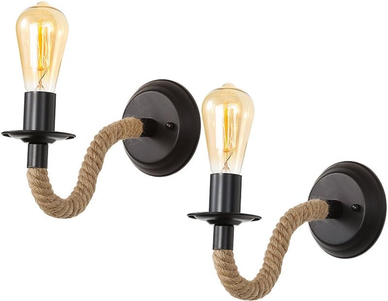Thumbnail - 2 Stück Wandleuchte Innen, Wandleuchte Retro, Hanfseil Schwarz Industrial E27 Wandlampe für Schlafzimmer, Wohnzimmer, Tr...