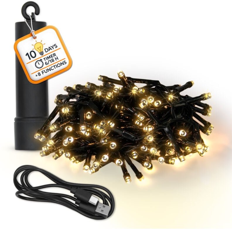 Akku Lichterkette USB aufladbar bis 10 Tage Leuchtdauer mit Timer - 160 LED auf 4m - Außen Dekolicht warm weiß mit 8 Fun...